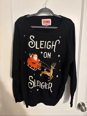 Tipsy Elves Black Santa Sleigh Christmas Sweater with Red and Gold Accents